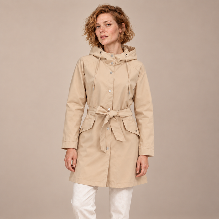 Damestrenchcoat met capuchon, ceintuur en knoopsluiting