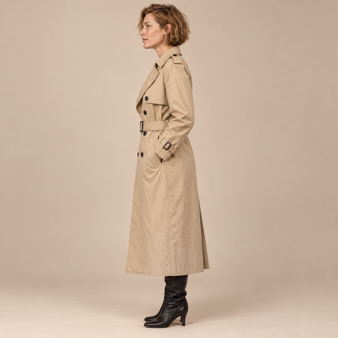 Lange dubbelrijige damestrenchcoat met gespceintuur en epauletten